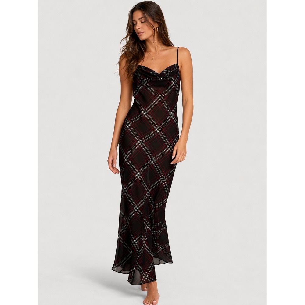 VICTORIA'S SECRET Womens New Maxi Dress MEDIUM Black Plaid Chiffon Slip